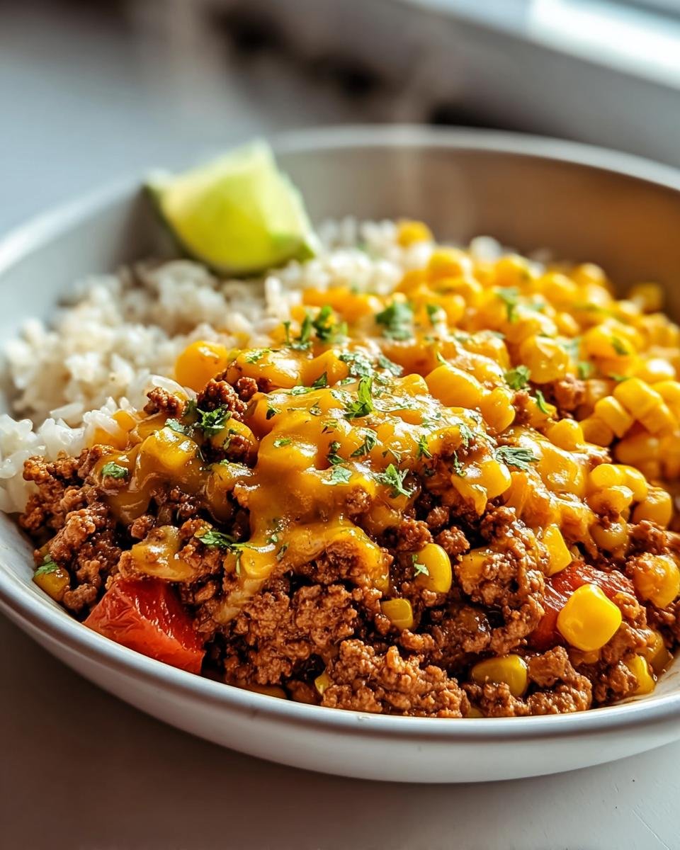 Nahaufnahme einer fertigen Taco-Pfanne mit Hackfleisch, Mais, geschmolzenem Käse und weißem Reis, garniert mit Petersilie.