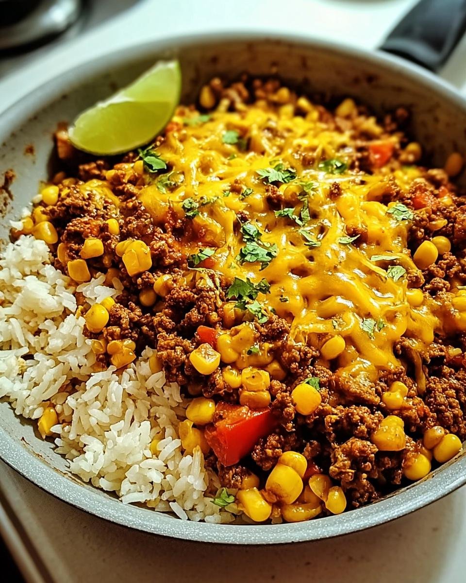 Nahaufnahme einer fertigen Taco-Pfanne mit Hackfleisch, Mais, geschmolzenem Käse und Reis, garniert mit Limette.