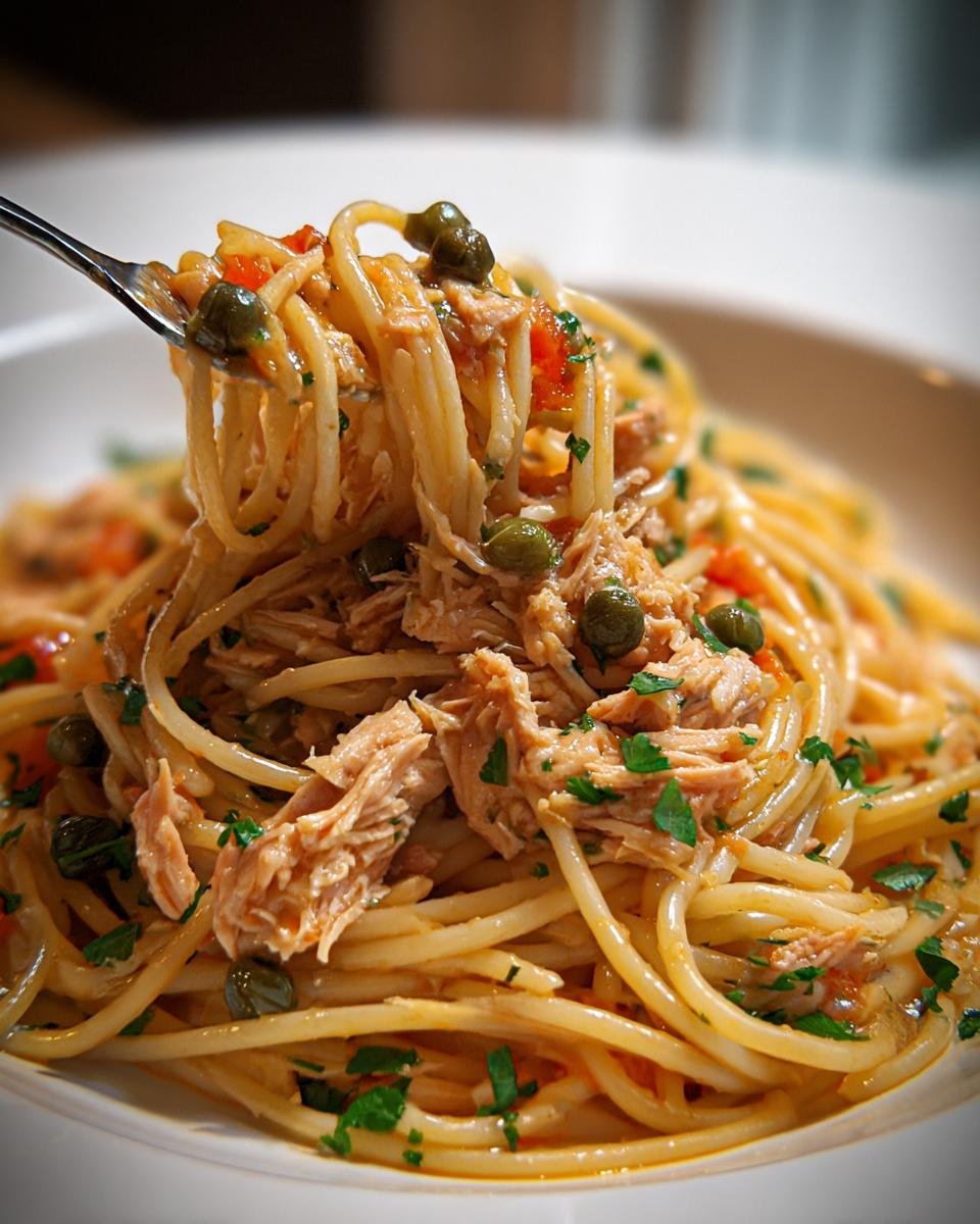 Nahaufnahme von Thunfisch-Pasta mit Kapern und Zitrone, wobei eine Gabel voll Spaghetti hochgezogen wird.
