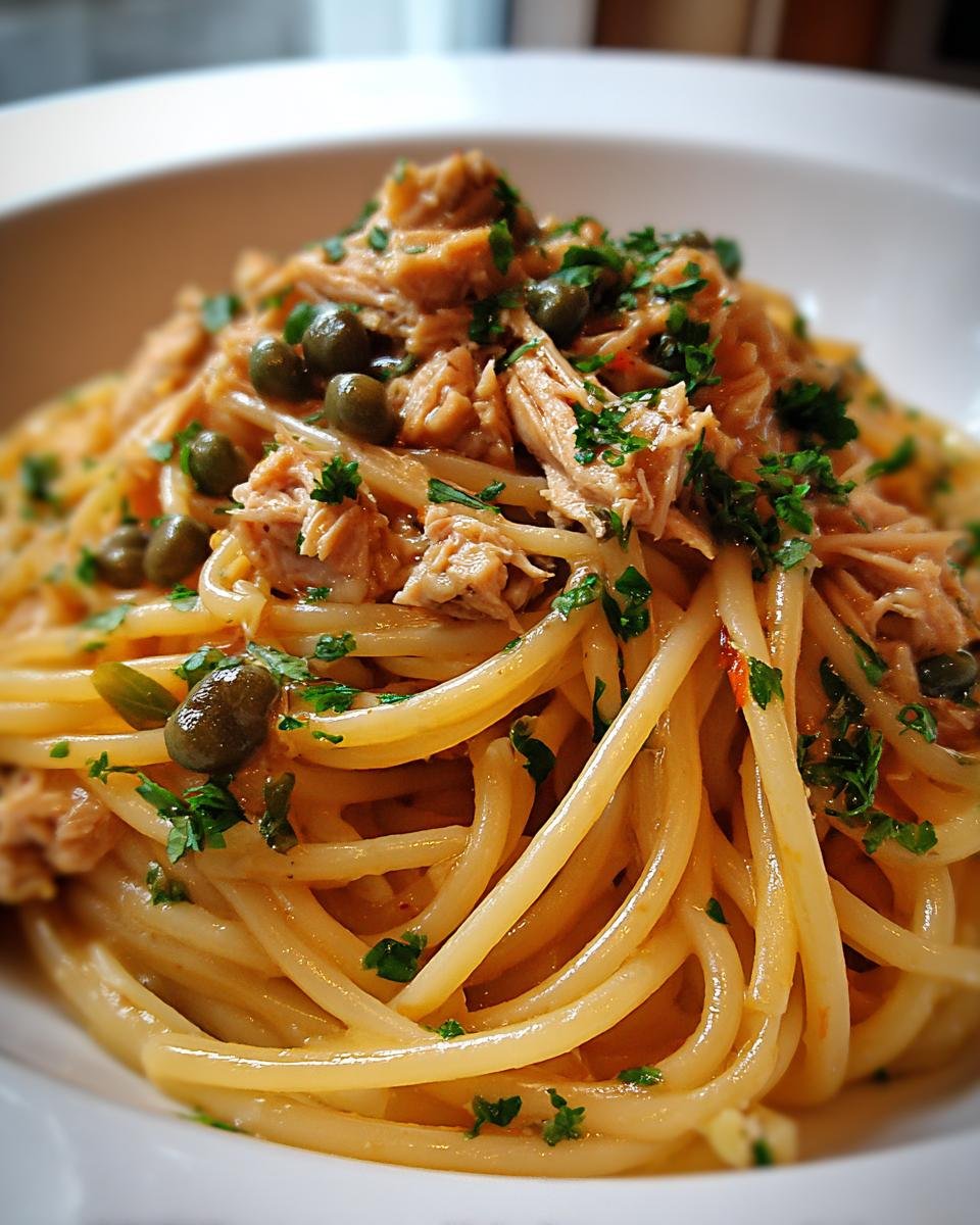 Nahaufnahme einer Portion Thunfisch-Pasta mit Kapern und frischer Petersilie.