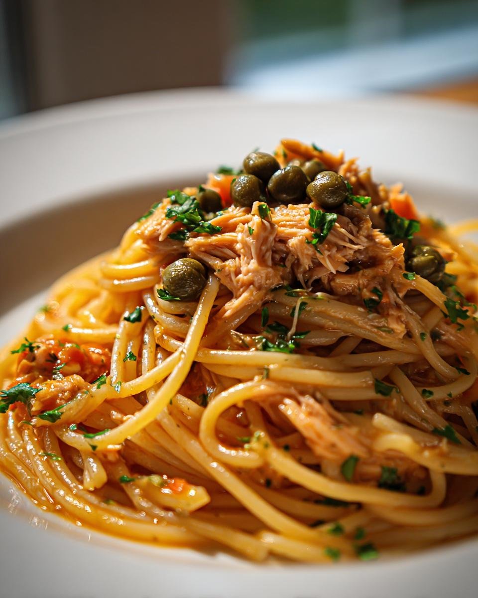 Nahaufnahme einer Portion Thunfisch-Pasta mit Kapern und gehackter Petersilie auf einem weißen Teller.