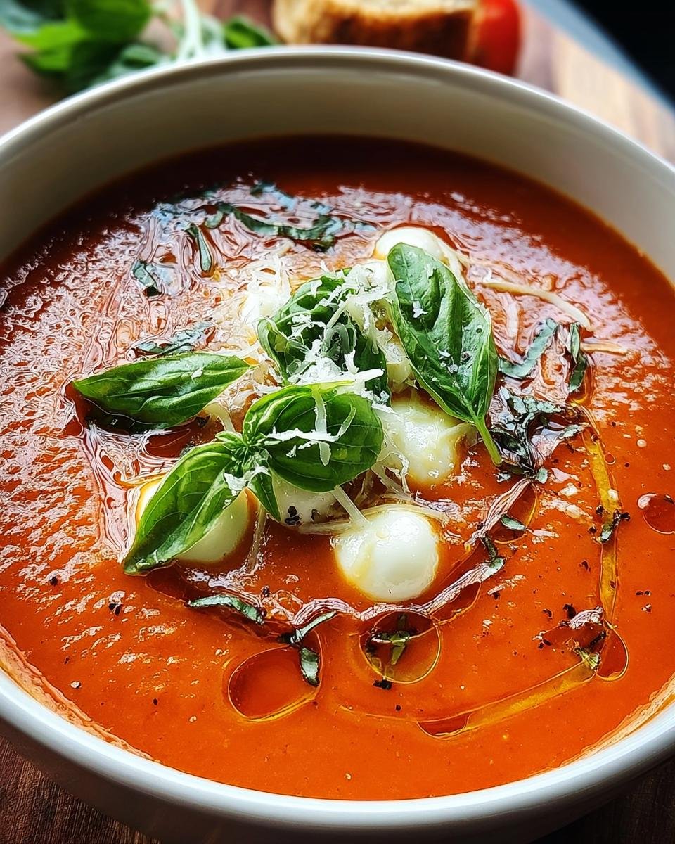 Nahaufnahme einer leuchtend roten Tomatensuppe mit Basilikumblättern, Mozzarella-Kugeln und geriebenem Käse.