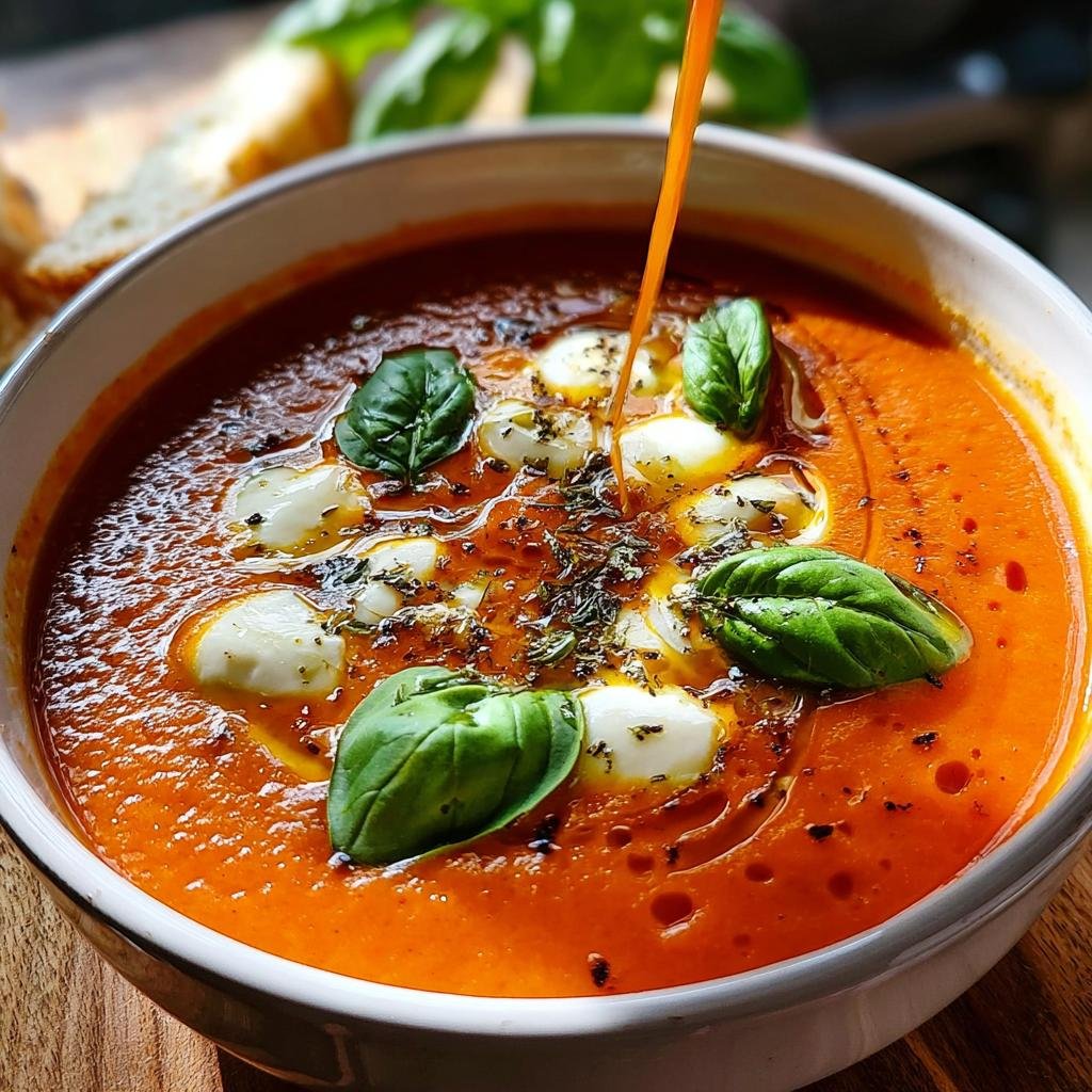 Nahaufnahme einer leuchtend roten Tomatensuppe mit Basilikum & Mozzarella, während Öl hineingegossen wird.