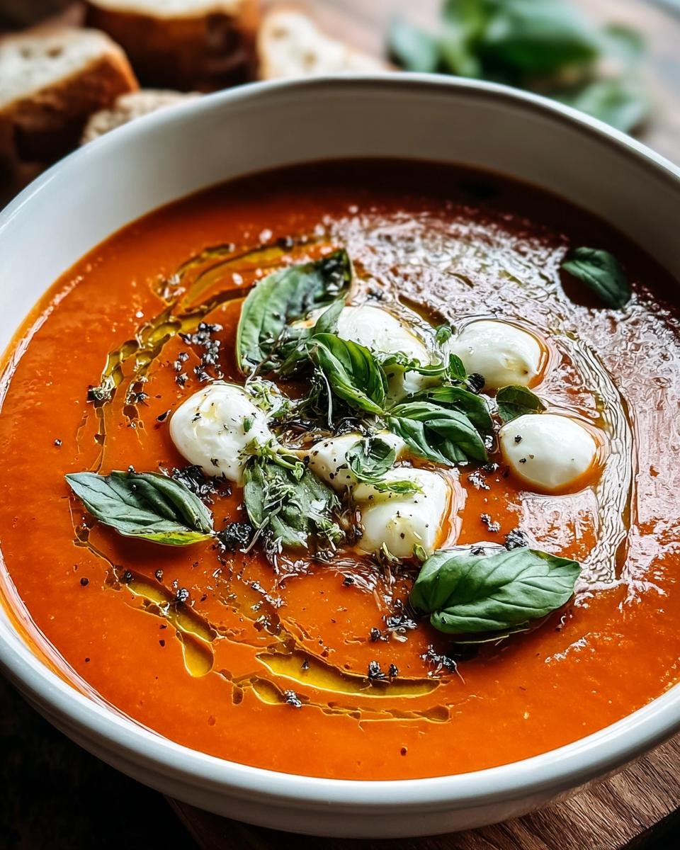 Nahaufnahme einer leuchtend roten Tomatensuppe mit Basilikum, Mozzarella-Kugeln und Olivenöl – perfekte Tomatensuppe mit Basilikum & Mozzarella.