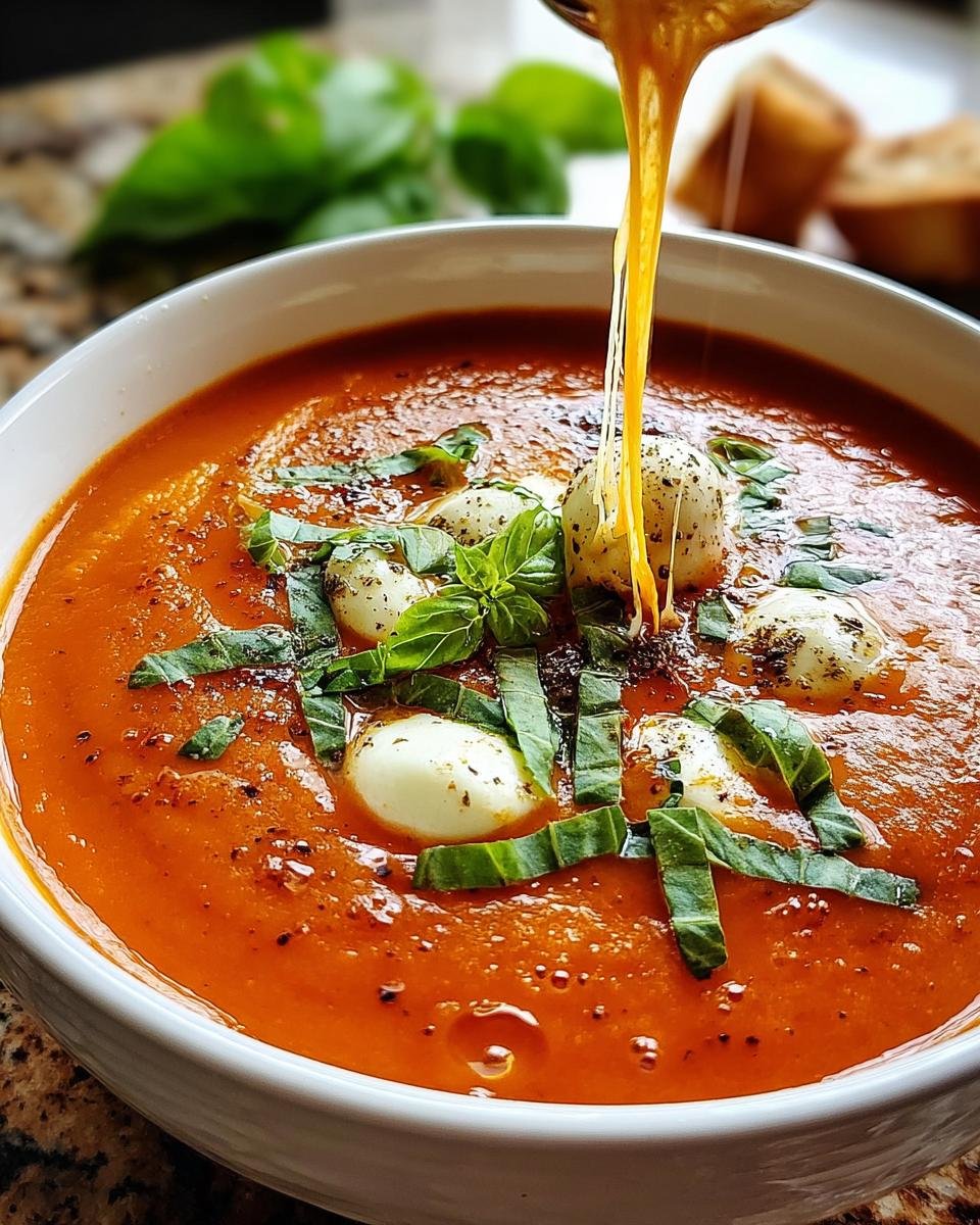 Nahaufnahme einer Schüssel Tomatensuppe mit Basilikum und Mozzarella-Kugeln, wobei geschmolzener Käse von oben hineingezogen wird.