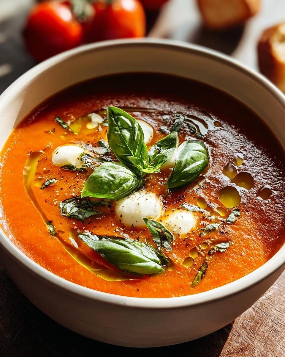 Nahaufnahme von cremiger Tomatensuppe mit Basilikum, Mozzarella-Kugeln und Olivenöl – Tomatensuppe mit Basilikum & Mozzarella.