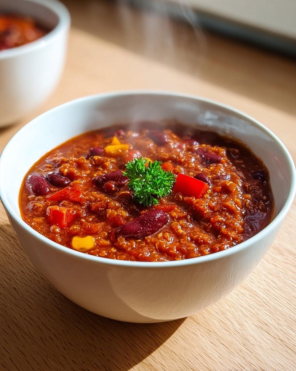 Nahaufnahme von dampfendem Vegetarisches Chili sin Carne mit Kidneybohnen und Paprika, garniert mit Petersilie.