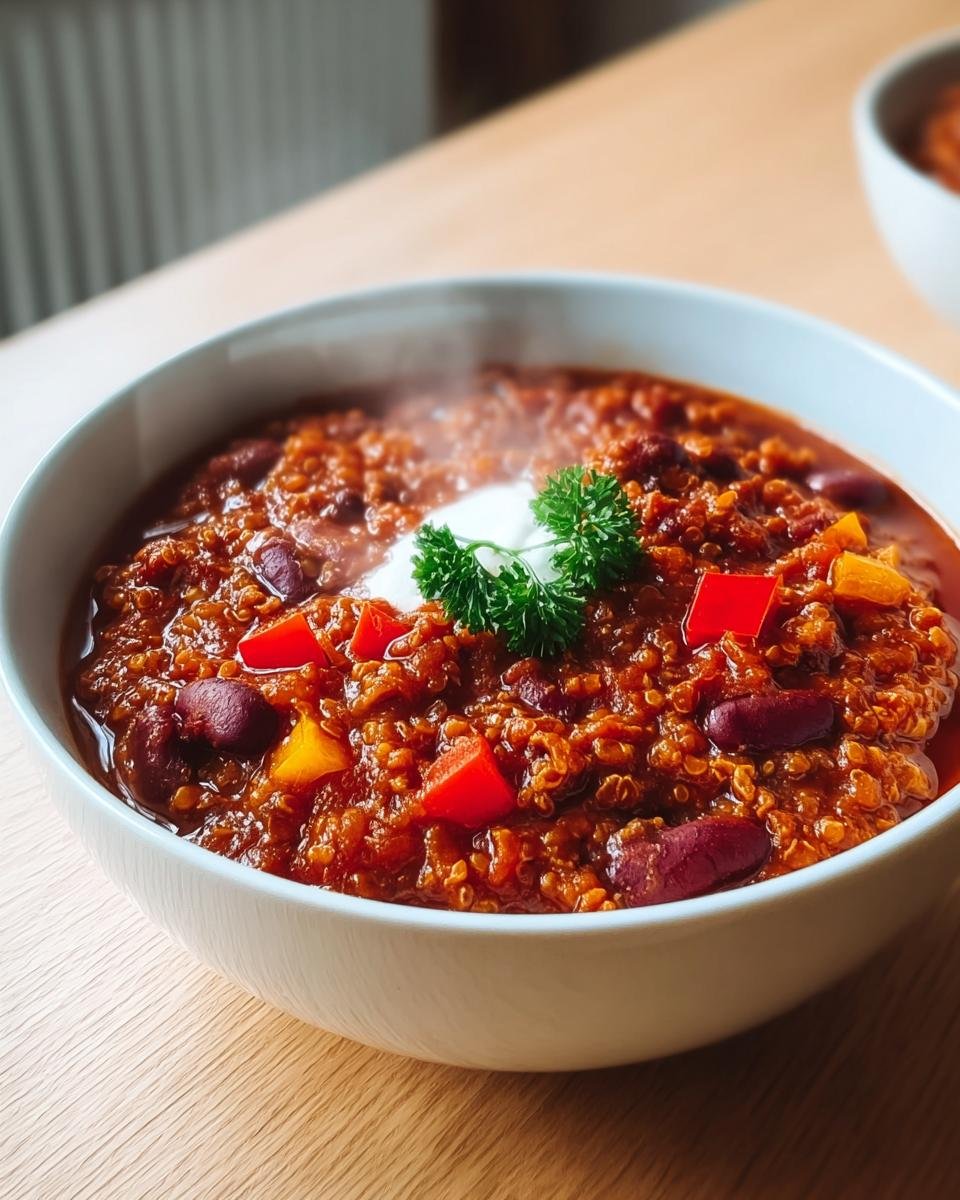 Nahaufnahme von dampfendem Vegetarisches Chili sin Carne mit Kidneybohnen, Paprika, Quinoa und einem Klecks Sauerrahm.