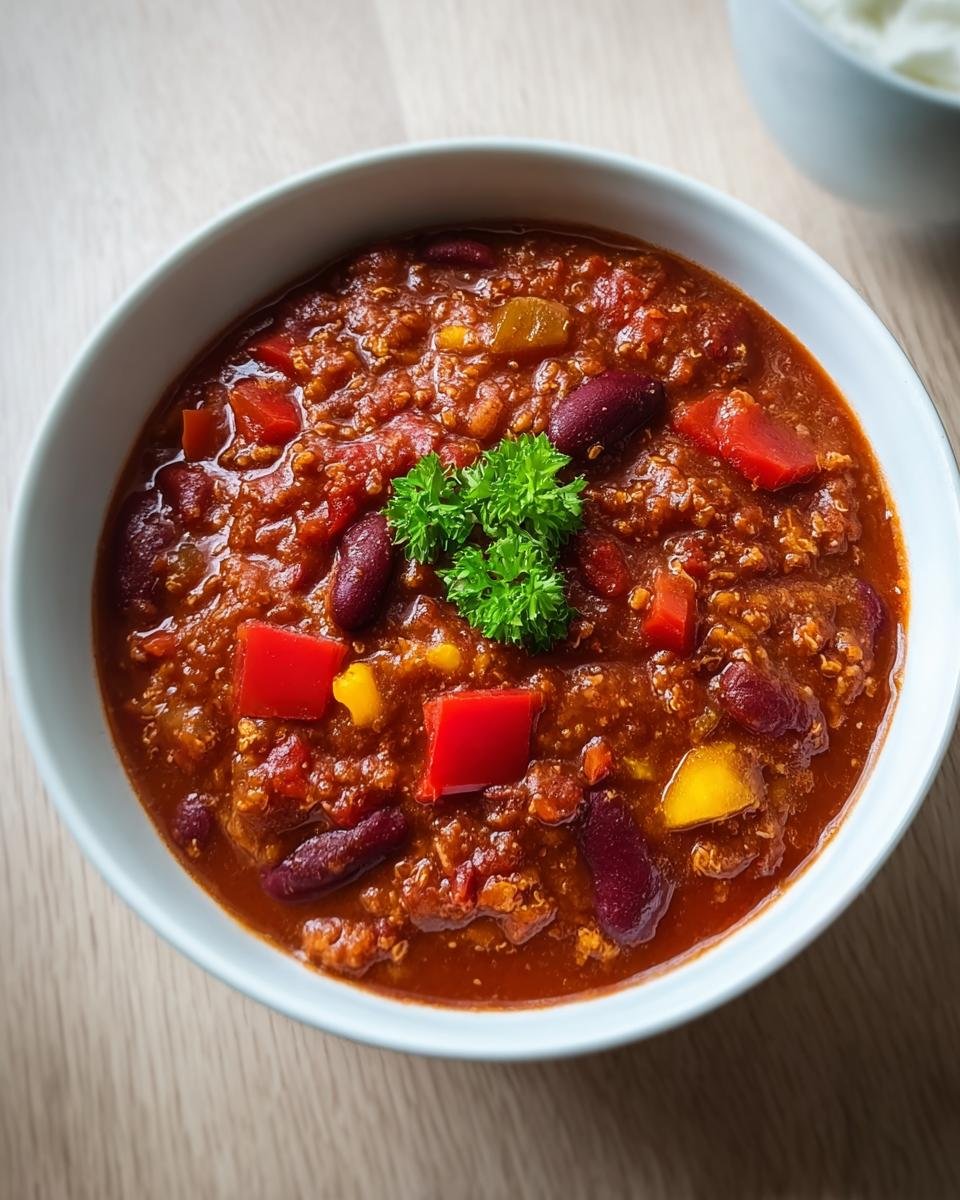 Nahaufnahme von würzigem Vegetarisches Chili sin Carne mit Kidneybohnen und Paprika, garniert mit Petersilie.
