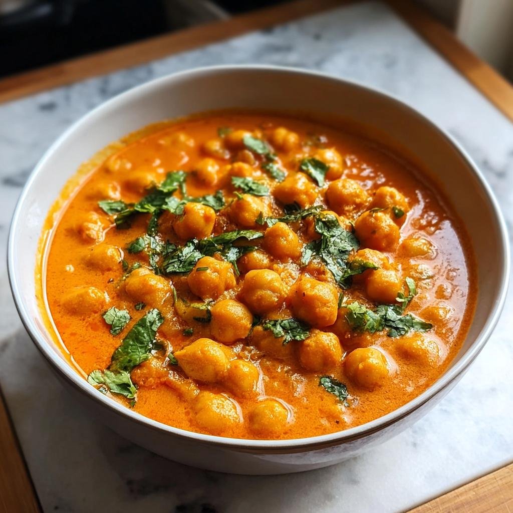 Nahaufnahme eines cremigen, orangefarbenen Vegetarisches Kichererbsen-Curry, garniert mit frischem Koriander.