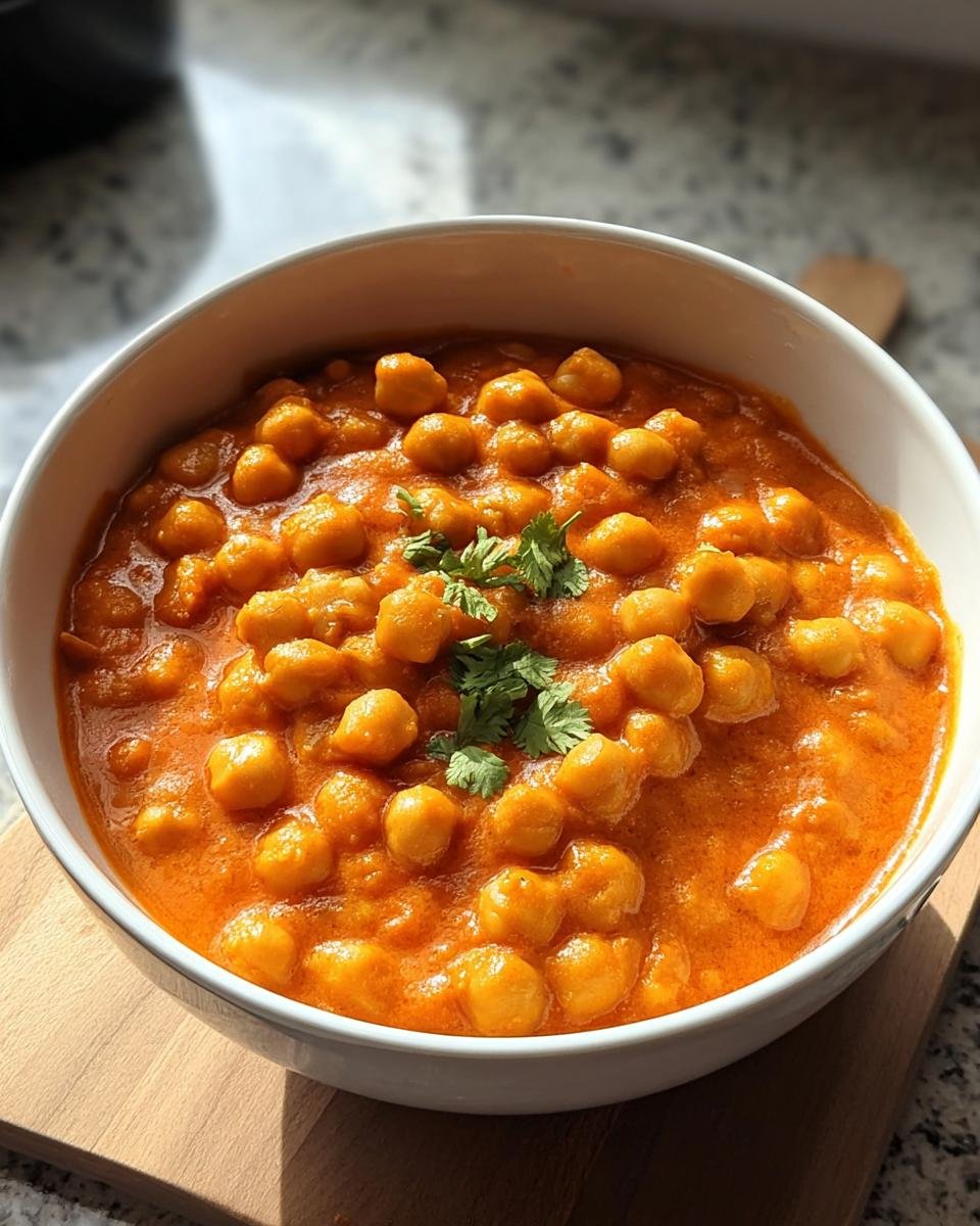 Nahaufnahme eines cremigen, orangefarbenen Vegetarisches Kichererbsen-Curry, garniert mit frischem Koriander in einer weißen Schüssel.