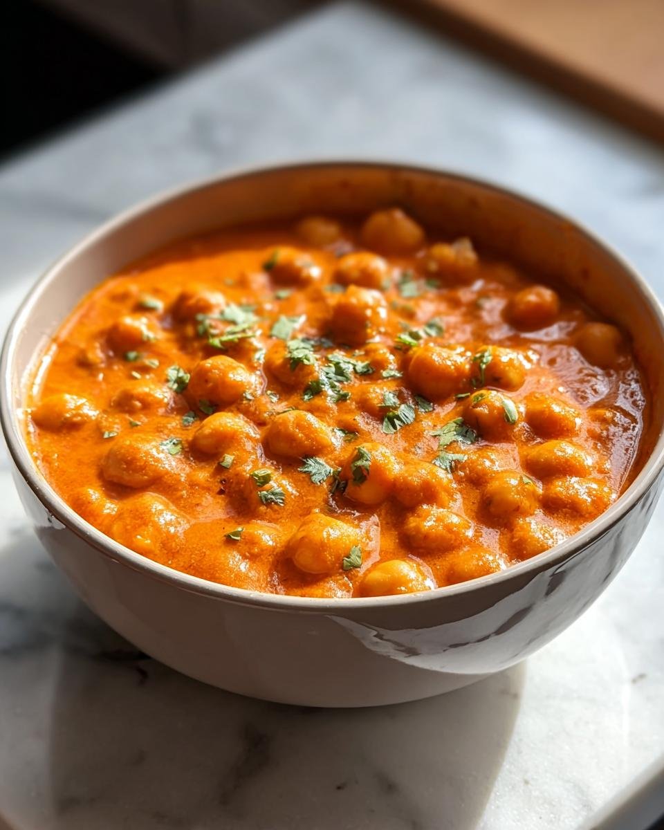 Nahaufnahme einer cremigen Schüssel Vegetarisches Kichererbsen-Curry, garniert mit frischem Koriander.