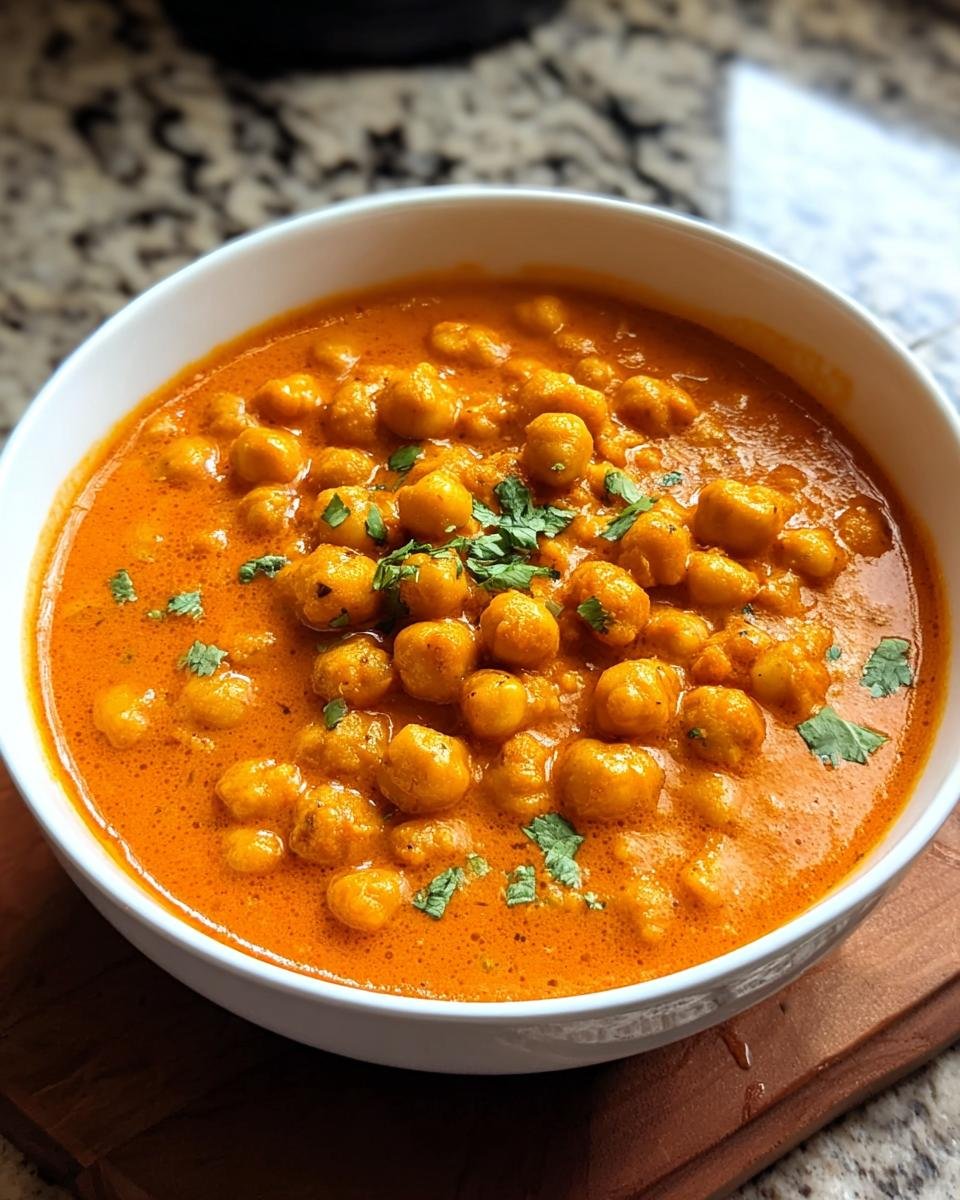 Nahaufnahme eines cremigen, orangefarbenen Vegetarisches Kichererbsen-Curry, garniert mit frischem Koriander in einer weißen Schüssel.