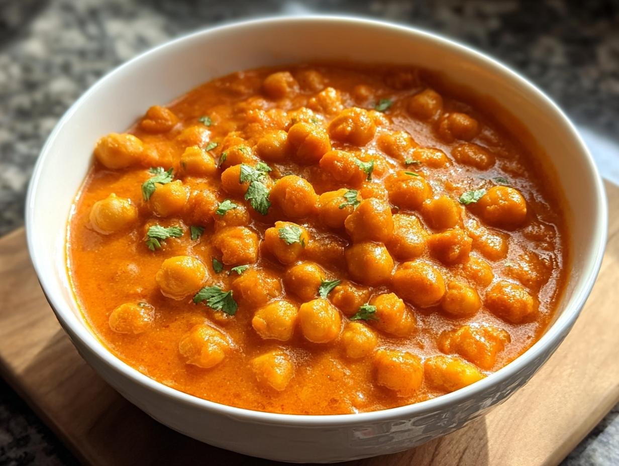 Nahaufnahme eines cremigen, orangefarbenen Vegetarisches Kichererbsen-Curry, garniert mit frischem Koriander in einer weißen Schüssel.