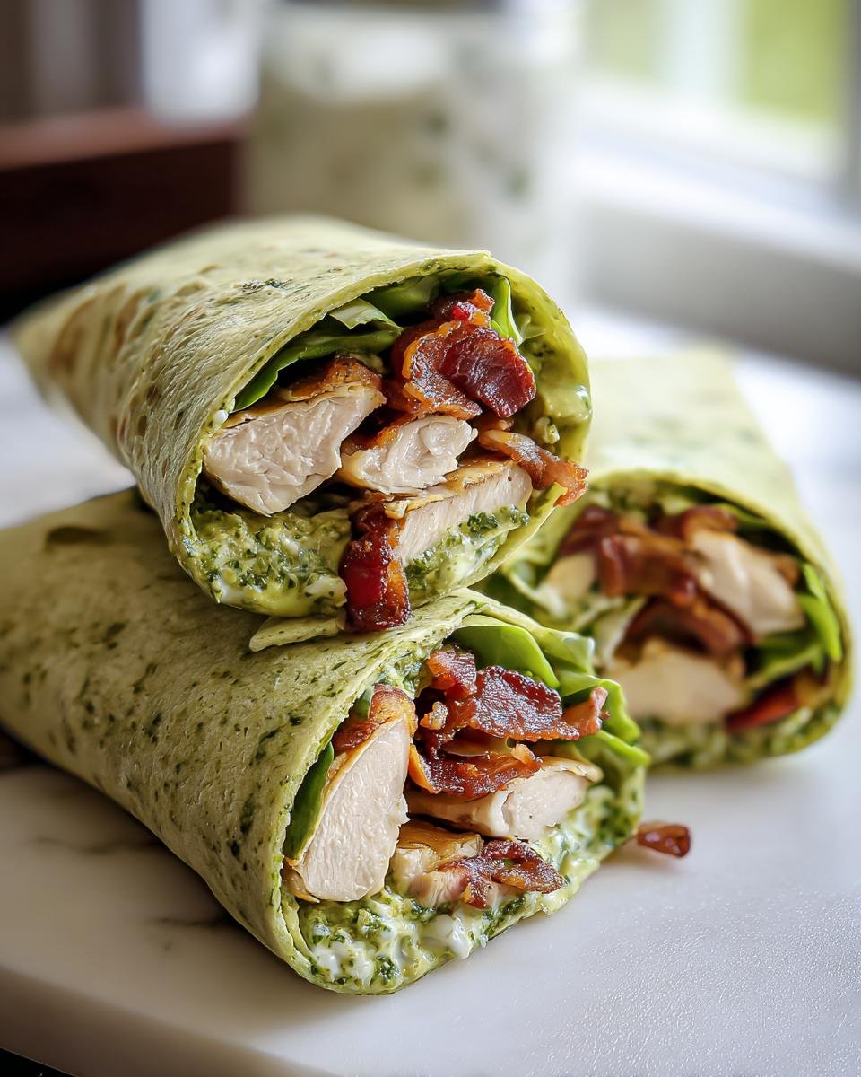 Zwei angeschnittene Wraps mit Hähnchen, knusprigem Bacon und grünem Joghurt-Dressing, die Hauptzutaten der Wraps mit Hähnchen, Avocado.