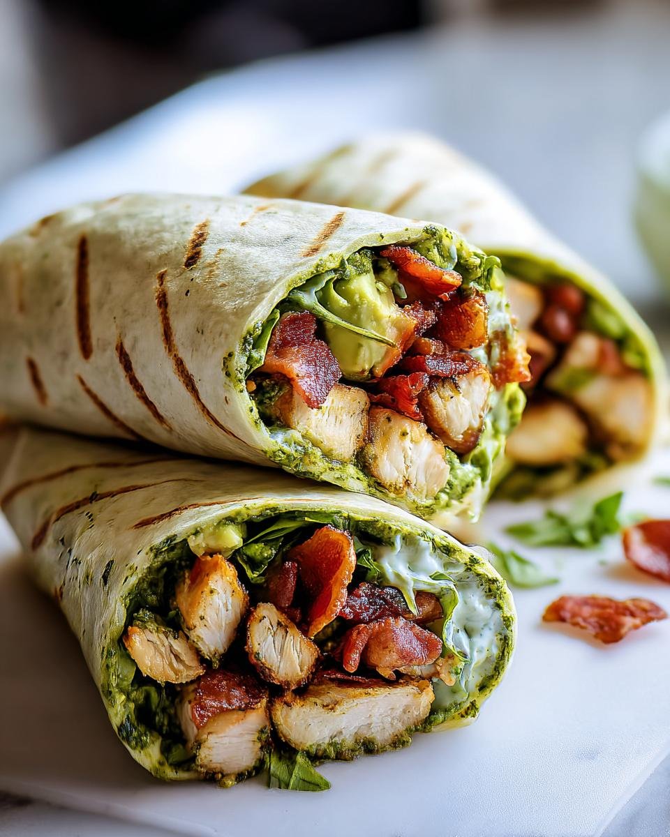 Nahaufnahme von zwei aufgeschnittenen Wraps mit Hähnchen, Avocado, Speck und Joghurt-Dressing.
