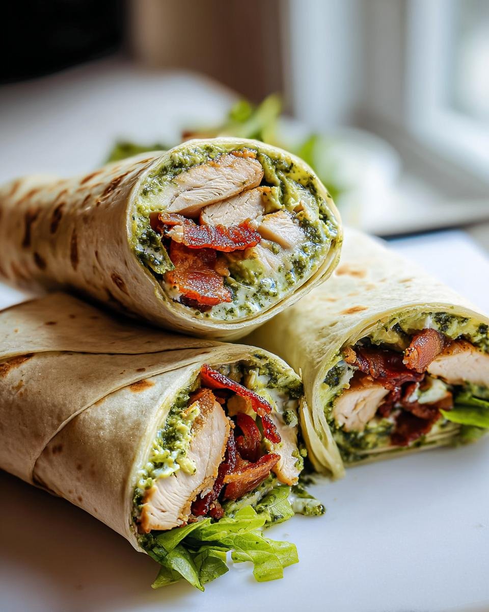 Drei angeschnittene Wraps mit Hähnchen, Avocado und knusprigem Bacon, gefüllt mit grünem Joghurt-Dressing.