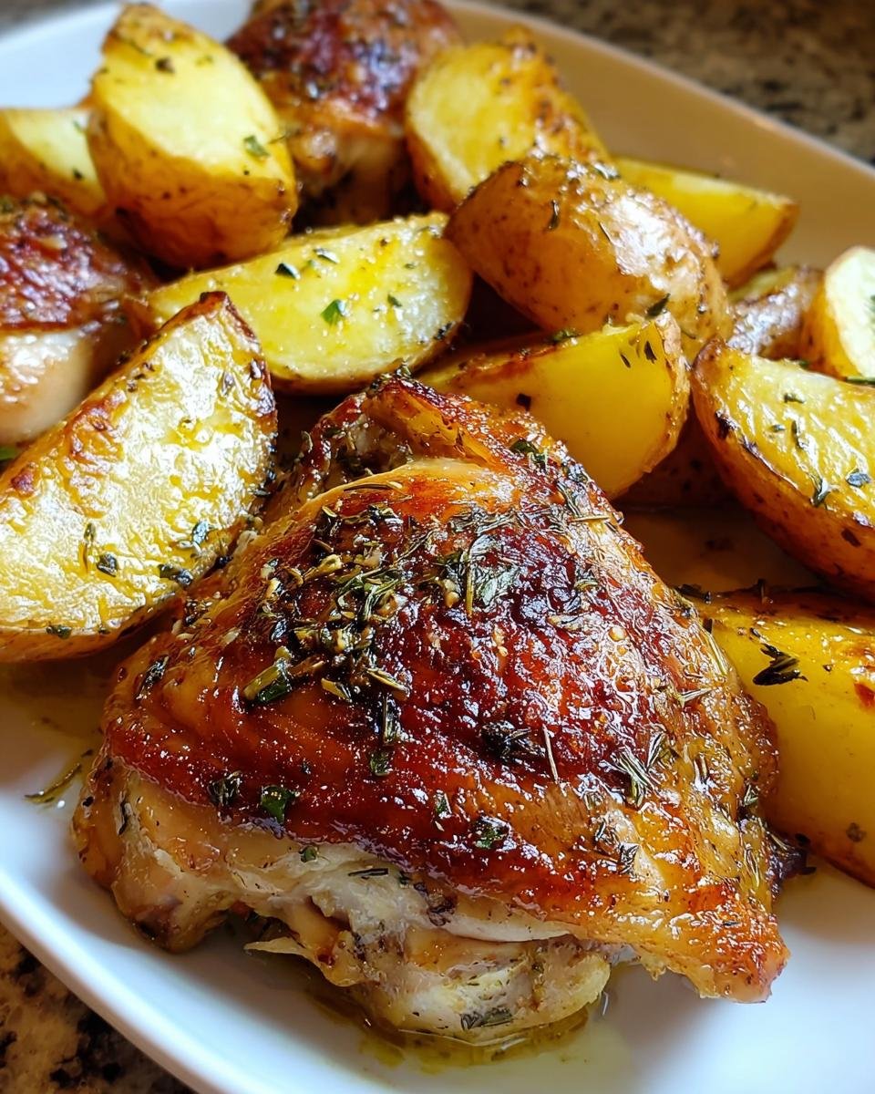 Nahaufnahme von saftigem Zitronen-Kräuter-Hähnchen mit knusprigen, gerösteten Kartoffeln.