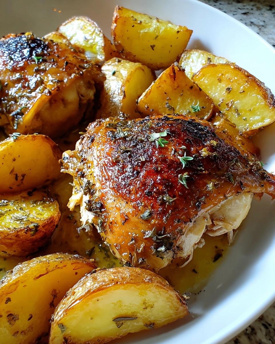 Nahaufnahme von saftigem Zitronen-Kräuter-Hähnchen mit gerösteten Kartoffelecken.