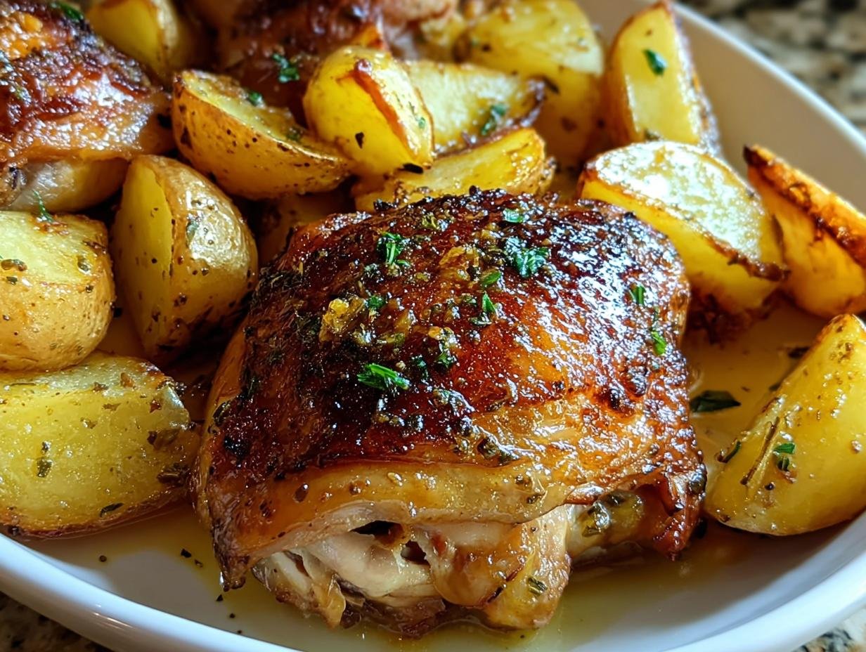 Nahaufnahme von saftigem Zitronen-Kräuter-Hähnchen mit goldbrauner Haut und gerösteten Kartoffelecken.