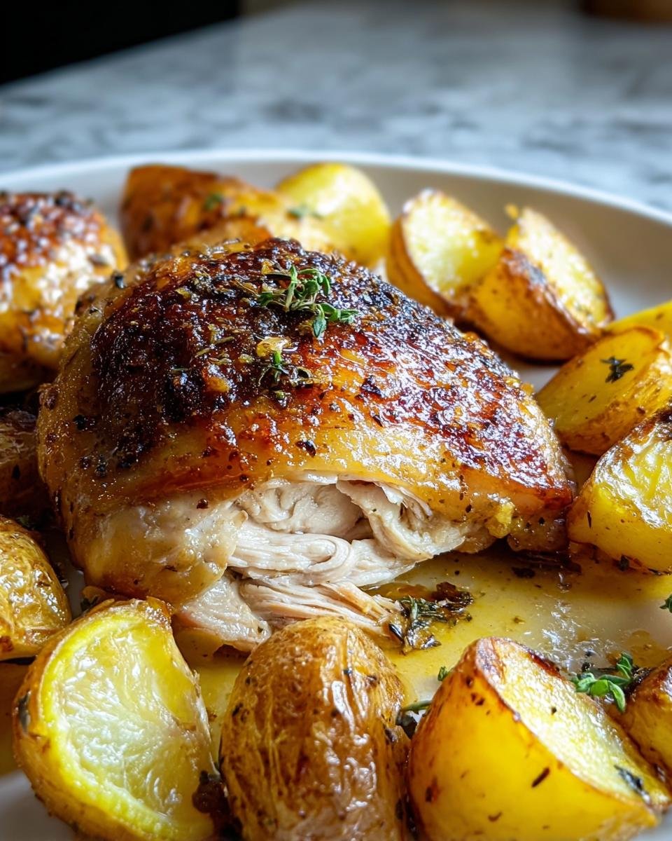 Aufgeschnittenes Zitronen-Kräuter-Hähnchen mit goldbrauner Haut, umgeben von gerösteten Kartoffeln.