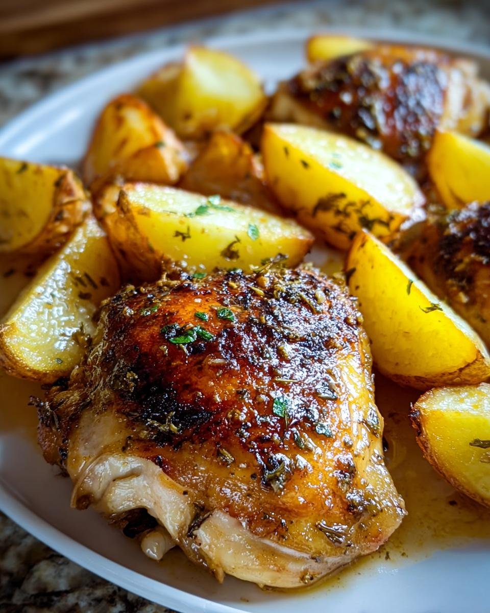 Nahaufnahme von saftigem Zitronen-Kräuter-Hähnchen mit knusprigen, gerösteten Kartoffeln.
