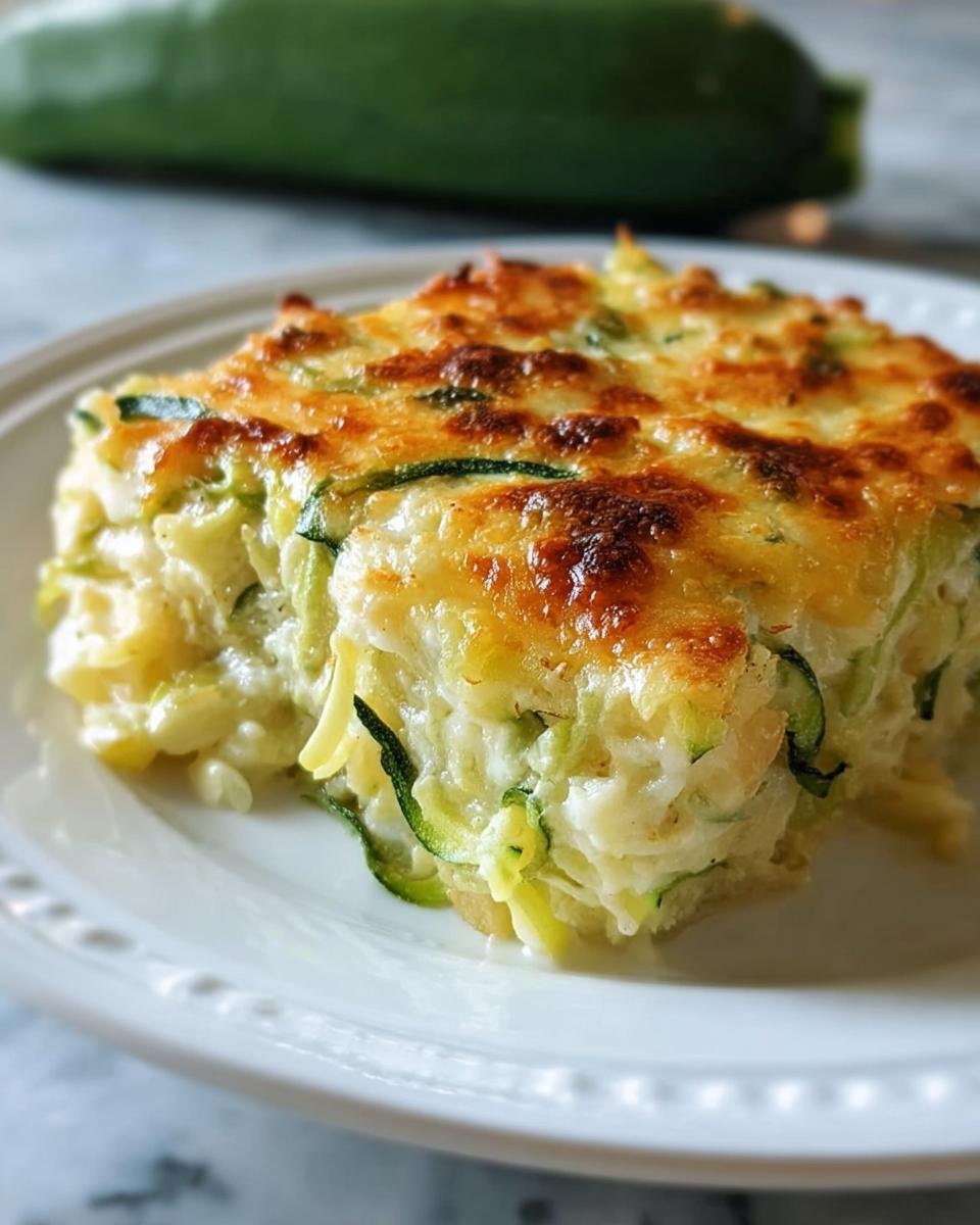 Ein Stück Zucchini-Nudelauflauf mit Käse auf einem weißen Teller, mit goldbraun überbackener Käsekruste.