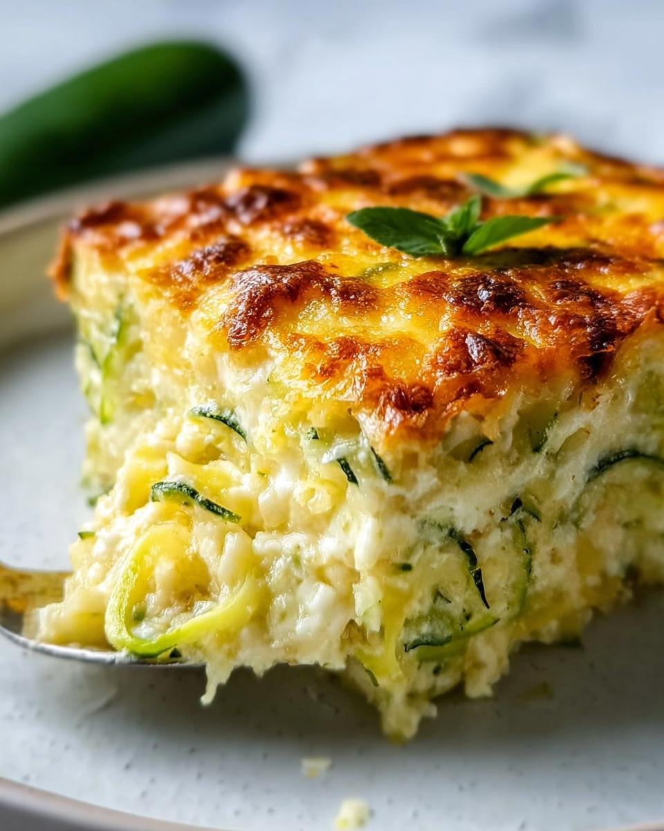Nahaufnahme eines cremigen Stücks Zucchini-Nudelauflauf mit Käse und goldbrauner Kruste.