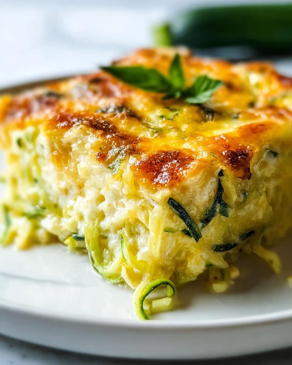 Nahaufnahme eines Stücks Zucchini-Nudelauflauf mit Käse, garniert mit Basilikum.