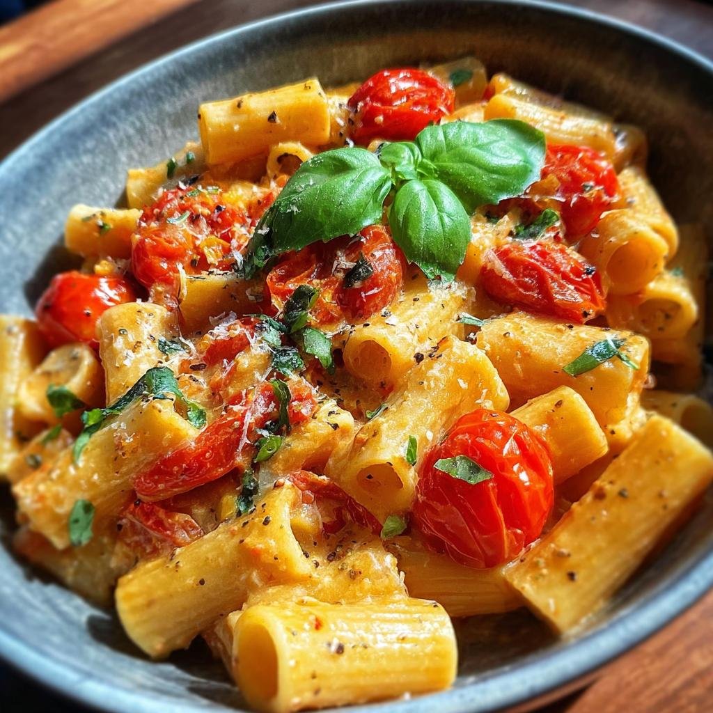 Eine Schüssel mit 15-Minuten-One-Pot-Pasta mit Tomate & Basilikum, garniert mit frischem Basilikum und geriebenem Parmesan.