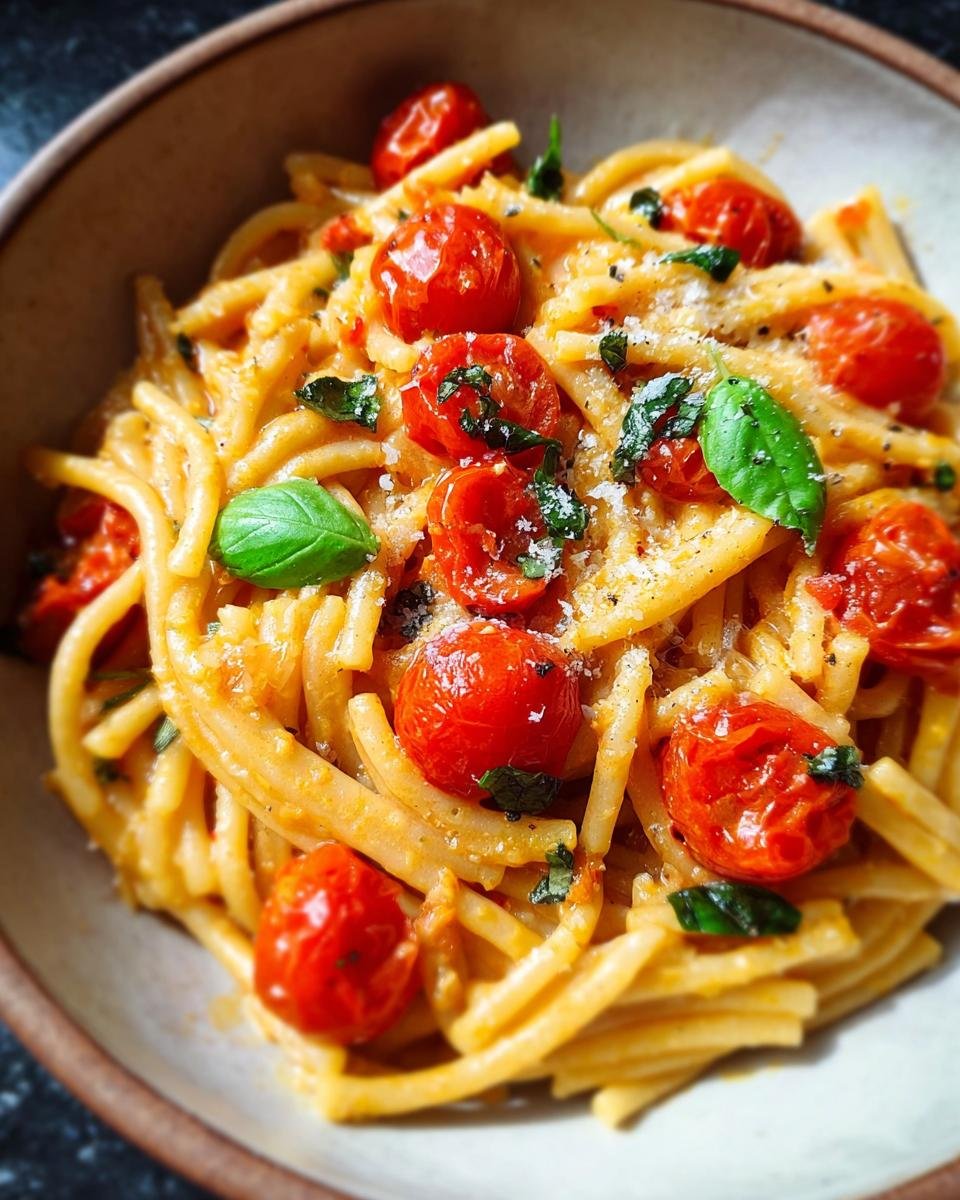 Eine Schüssel mit 15-Minuten-One-Pot-Pasta mit Tomate und Basilikum, garniert mit Parmesan.