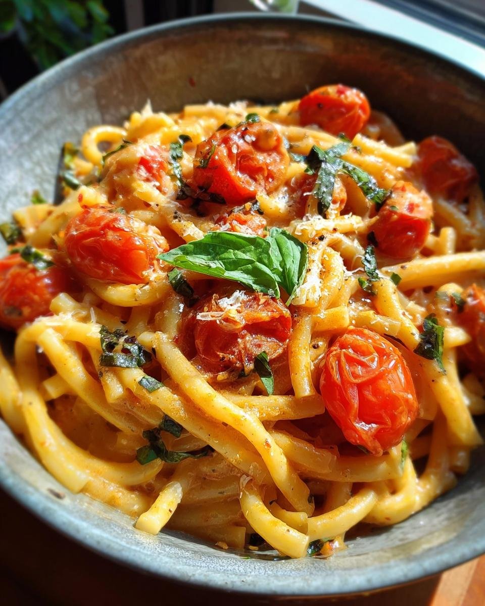Close-up of 15-Minuten-One-Pot-Pasta with cherry tomatoes, basil, and grated cheese.