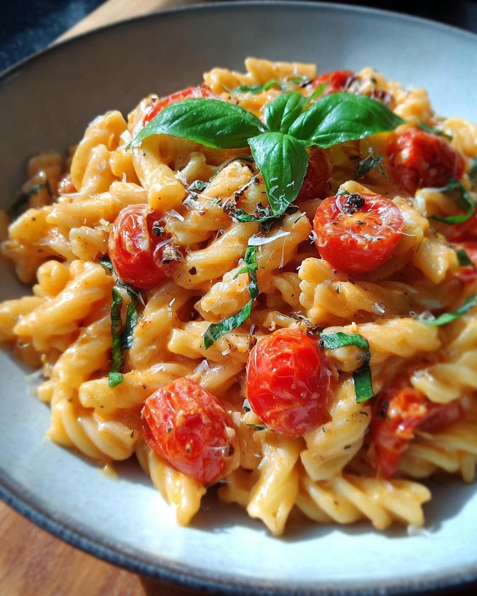 Fertige 15-Minuten-One-Pot-Pasta mit Tomate & Basilikum, garniert mit frischem Basilikum und geriebenem Käse.