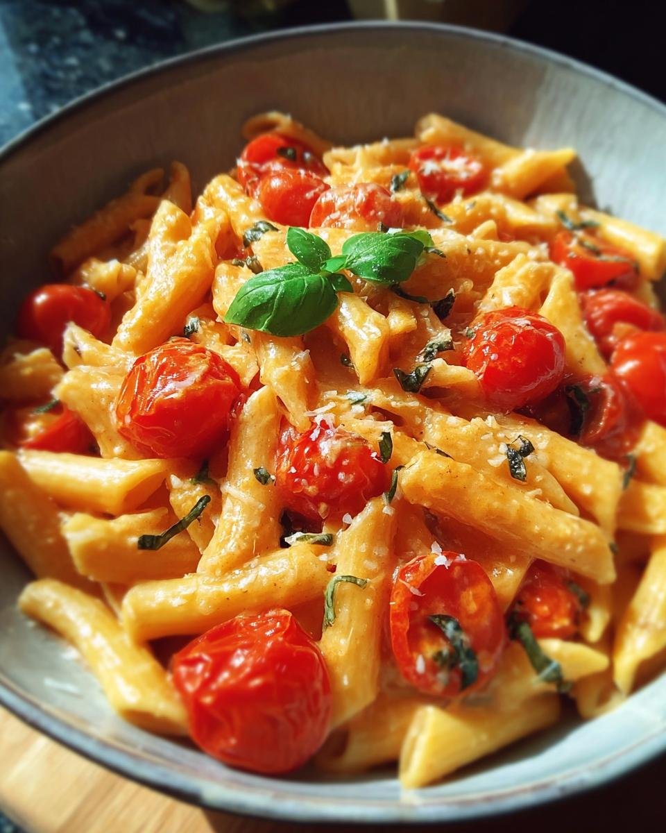 Eine Schüssel mit 15-Minuten-One-Pot-Pasta mit Tomate & Basilikum, garniert mit frischem Basilikum.