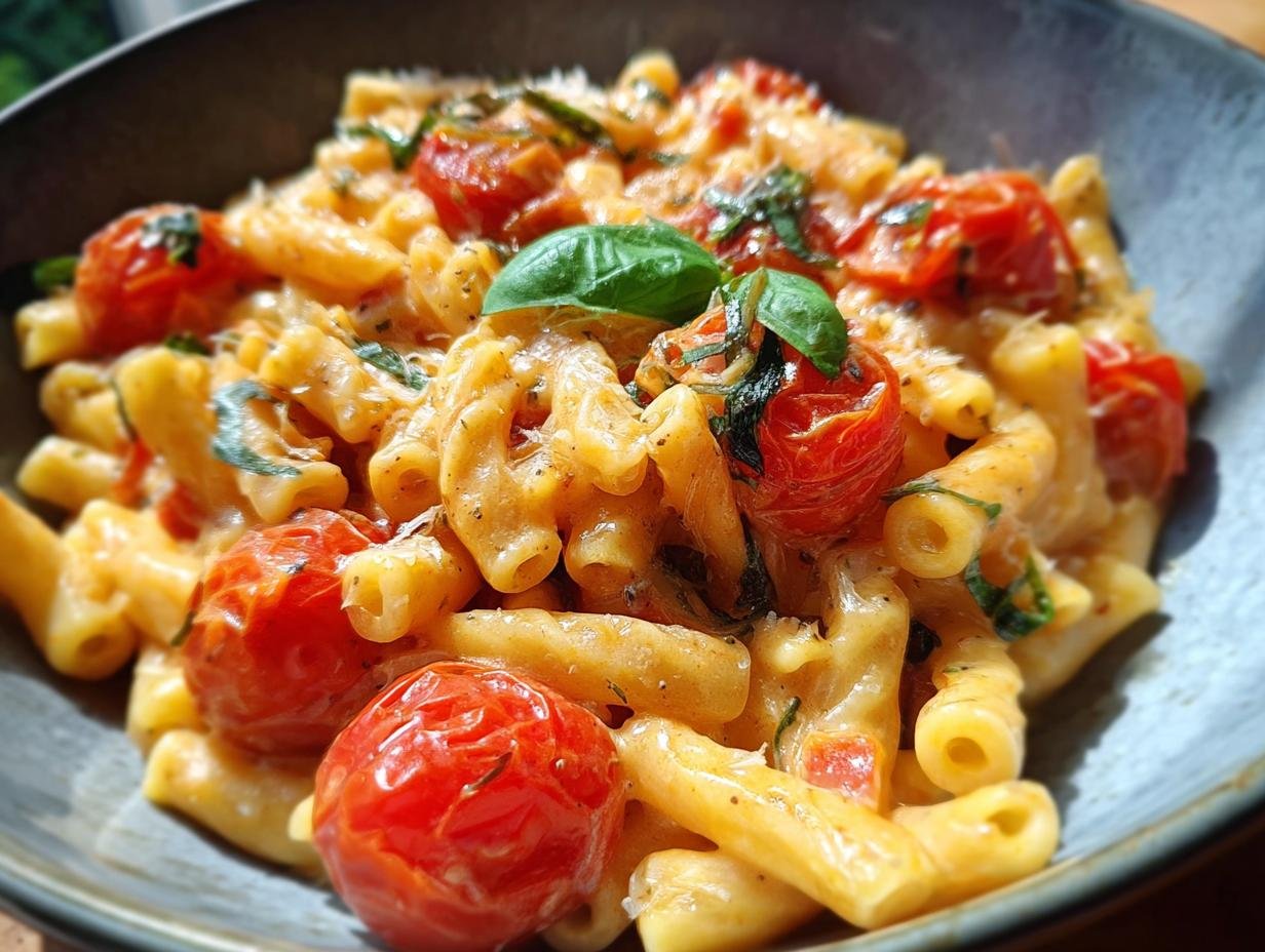 Nahaufnahme einer dampfenden Schüssel mit 15-Minuten-One-Pot-Pasta mit Tomate & Basilikum, garniert mit frischem Basilikum.