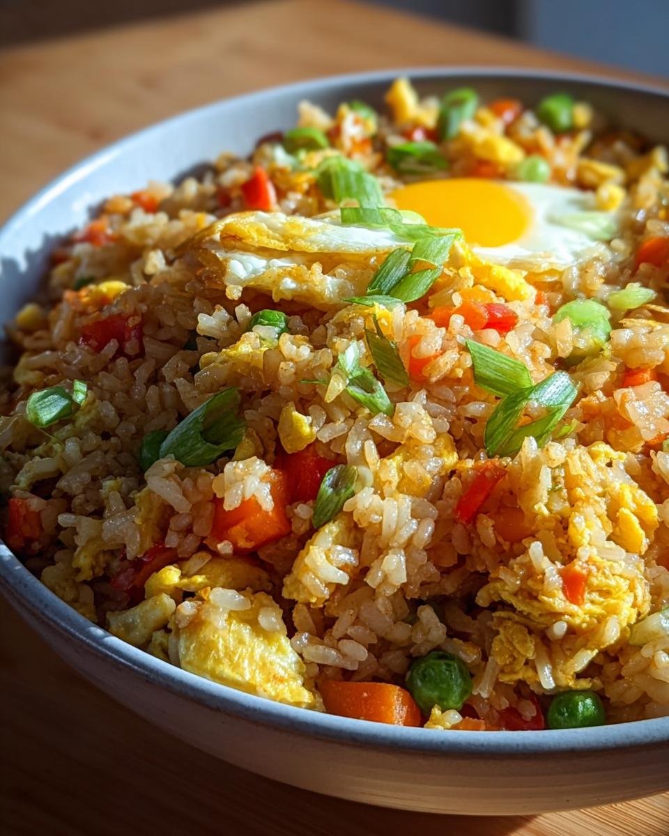A close-up of Bratreis mit Ei & Gemüse (Resteküche), featuring fluffy rice, scrambled eggs, peas, carrots, and a sunny-side-up egg on top.