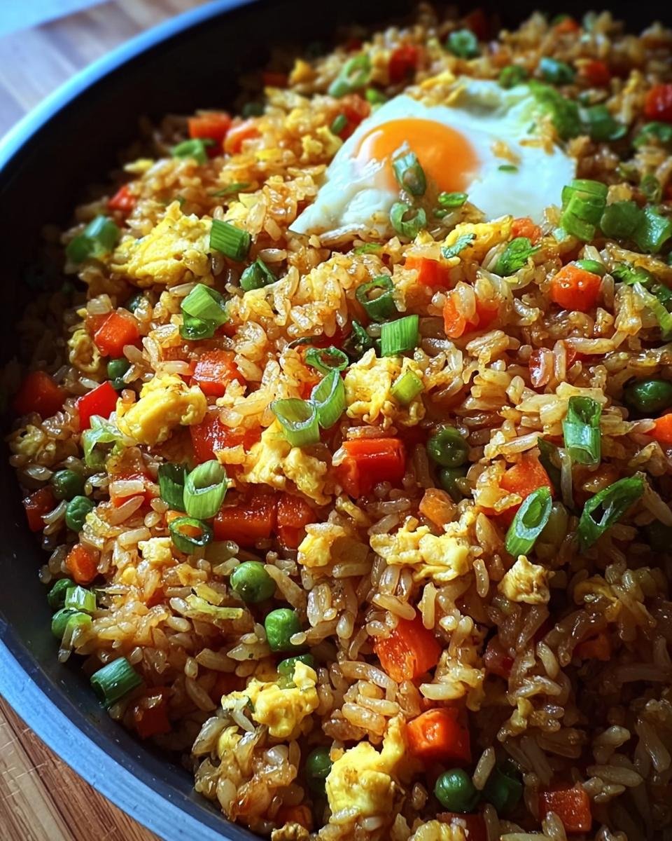 Close-up of Bratreis mit Ei & Gemüse (German fried rice with egg and vegetables), topped with a fried egg and green onions.
