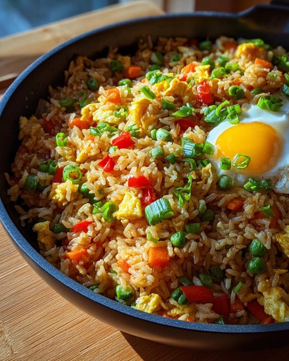 Bratreis mit Ei & Gemüse (Resteküche) in einer Pfanne, garniert mit einem Spiegelei und Frühlingszwiebeln.