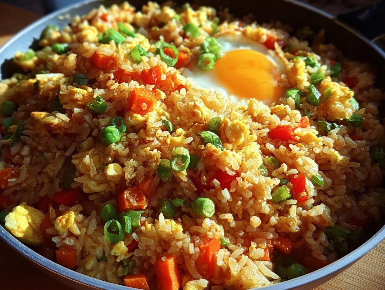 Eine Pfanne voll mit Bratreis mit Ei & Gemüse (Resteküche), garniert mit einem Spiegelei und Frühlingszwiebeln.