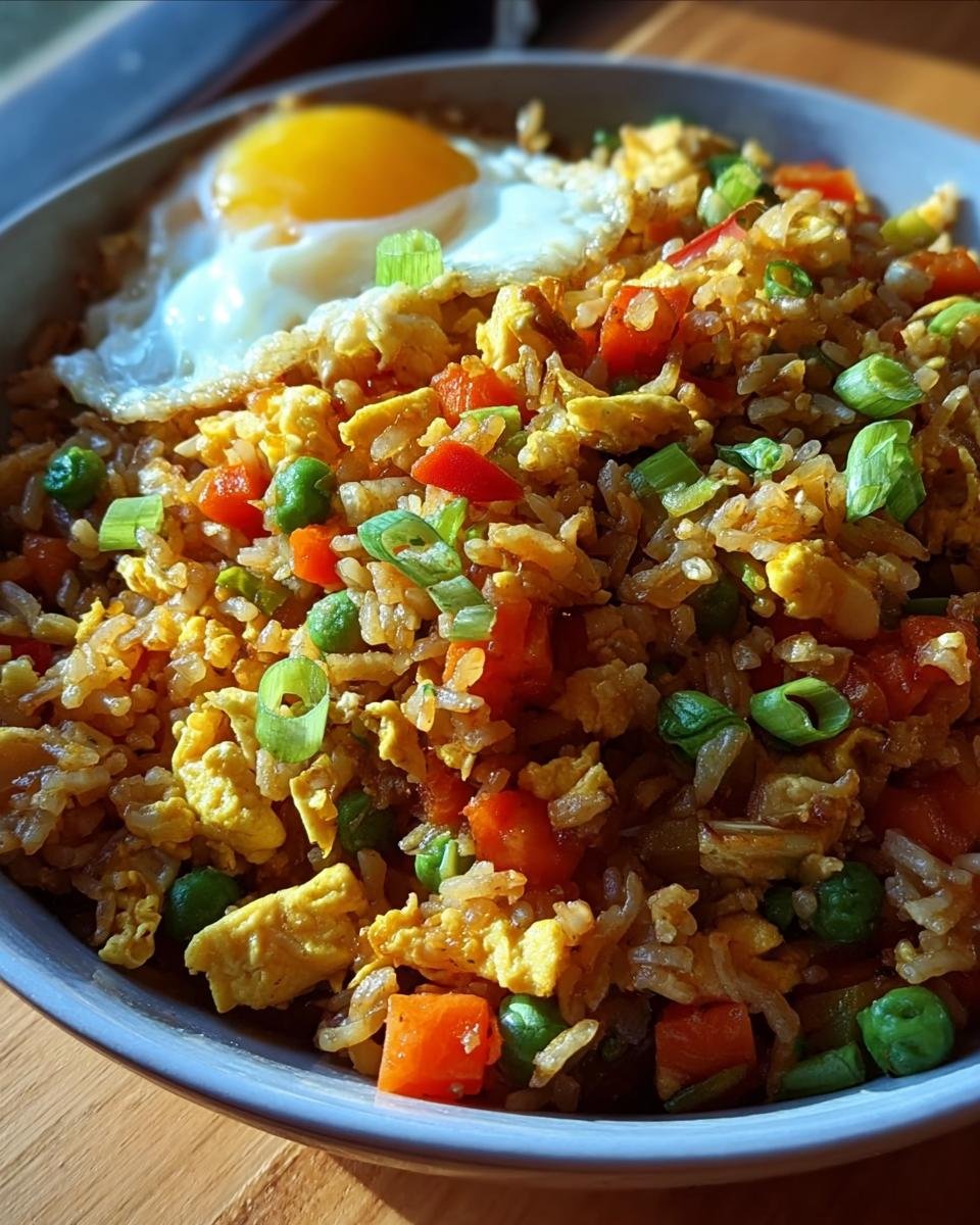 A close-up of a bowl of Bratreis mit Ei & Gemüse (Resteküche), featuring fried rice with scrambled eggs, peas, carrots, and a sunny-side-up egg on top.
