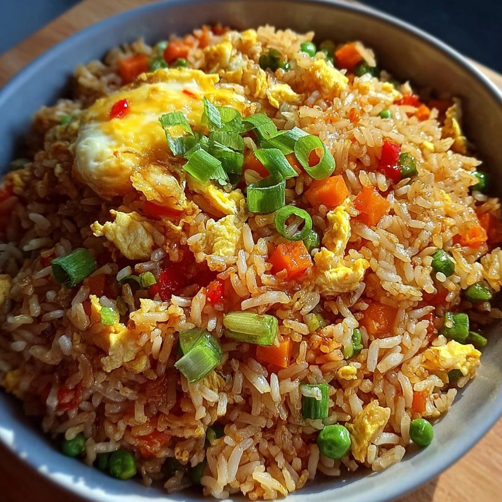 Eine Schüssel mit köstlichem Bratreis mit Ei & Gemüse (Resteküche), garniert mit Frühlingszwiebeln.