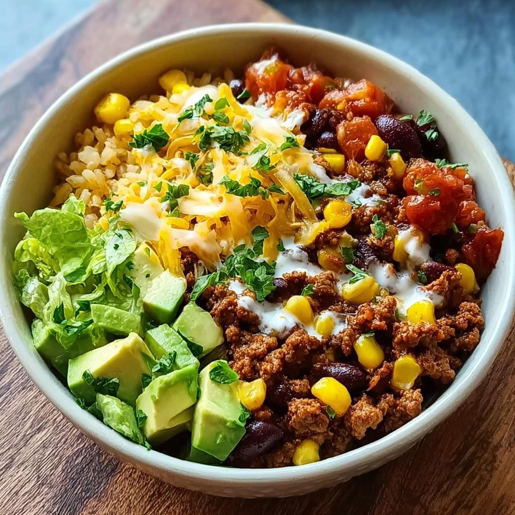 Eine Schüssel mit einem schnellen Burrito-Bowl mit Reis, Avocado, Hackfleisch, Bohnen, Mais, Käse und Salat.