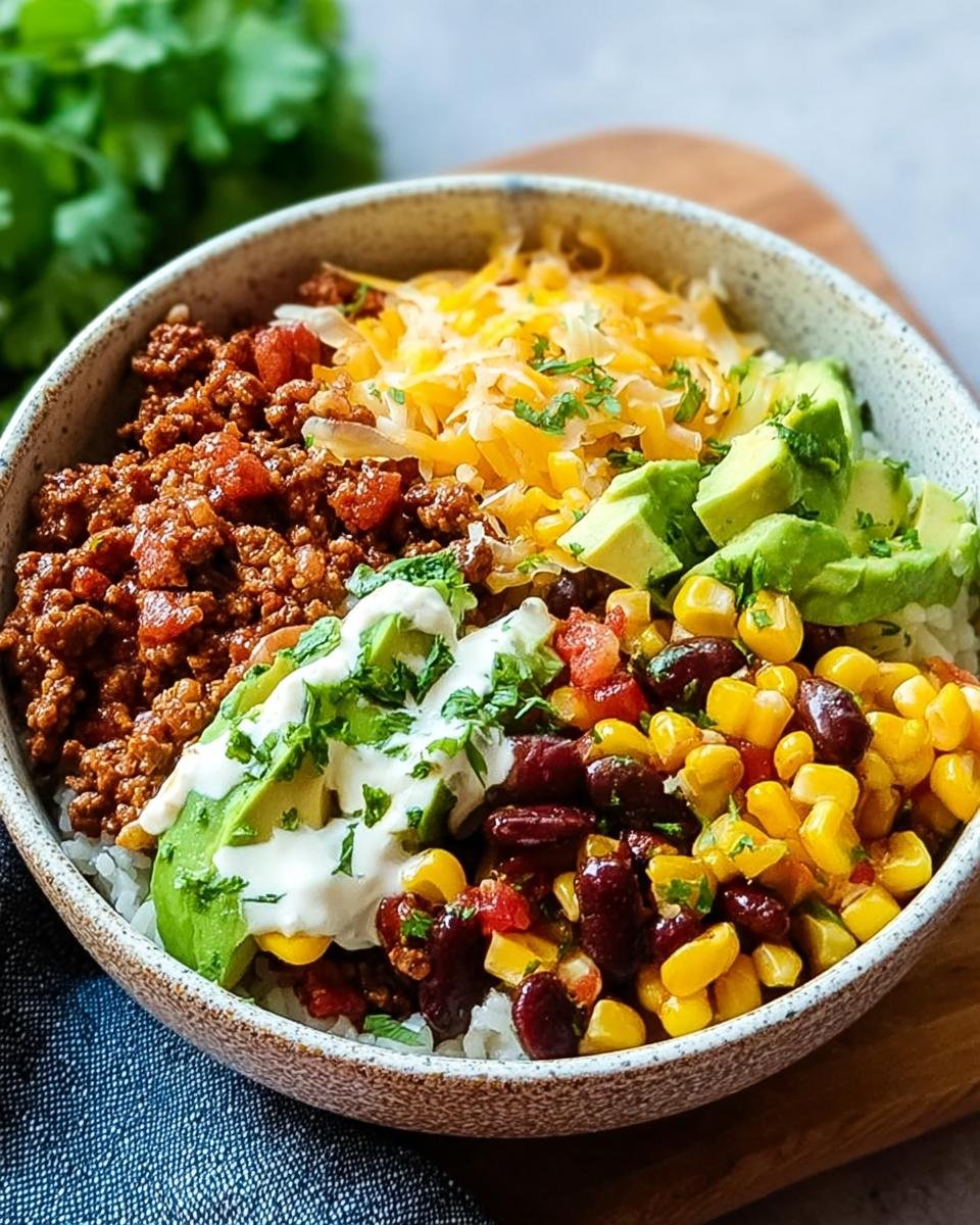 Eine Schüssel Burrito-Bowl schnell mit Reis & Avocado, belegt mit Hackfleisch, Käse, Avocado und Bohnen.