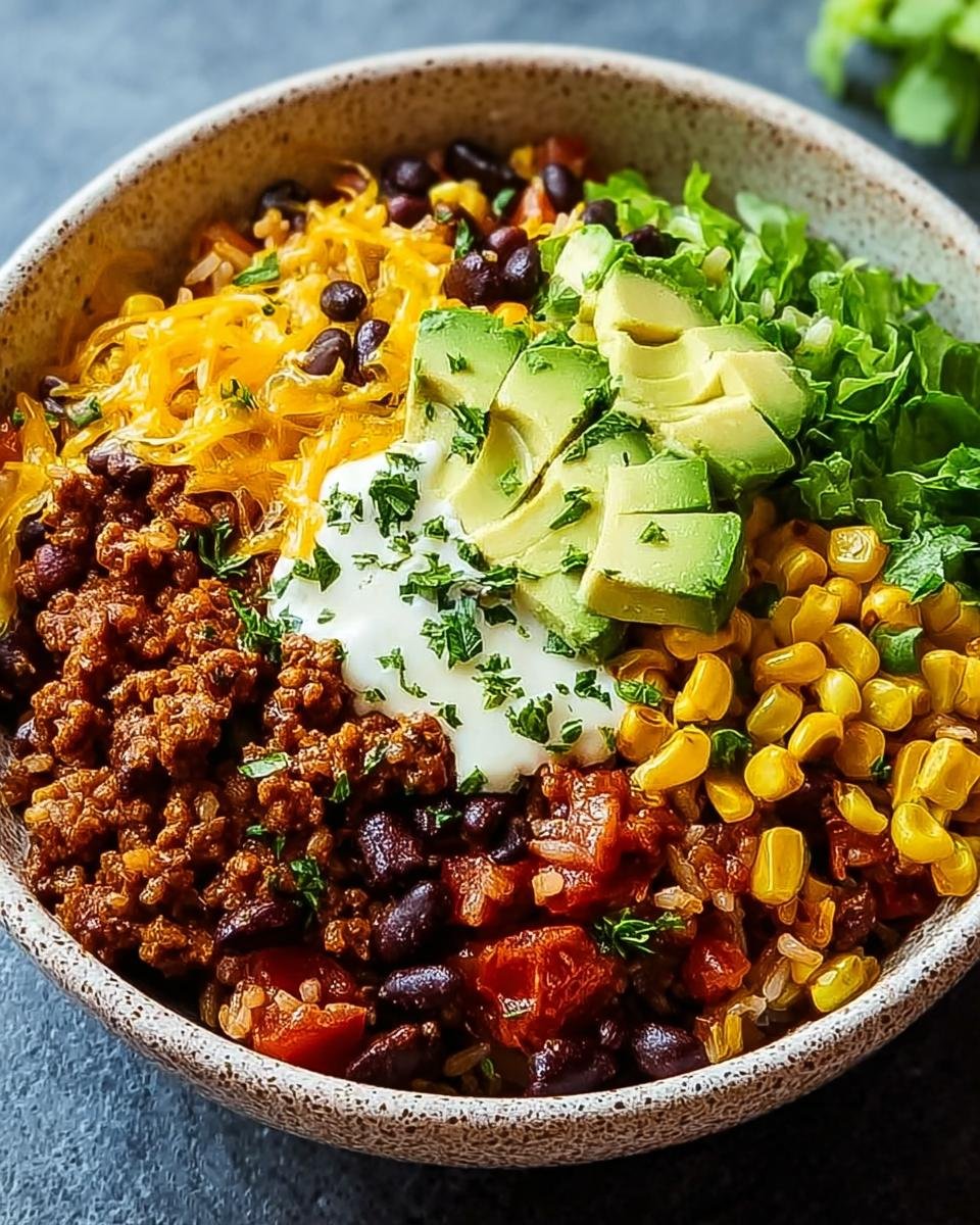 Nahaufnahme einer Schüssel mit Burrito-Bowl, Reis, Hackfleisch, schwarzen Bohnen, Mais, Avocado und Käse.