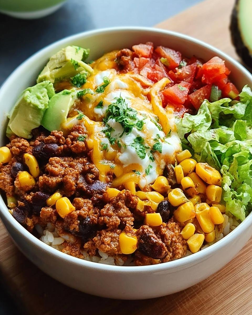 Nahaufnahme einer Burrito-Bowl mit Reis, Hackfleisch, schwarzen Bohnen, Mais, Avocado, Tomaten, Salat und Käse.