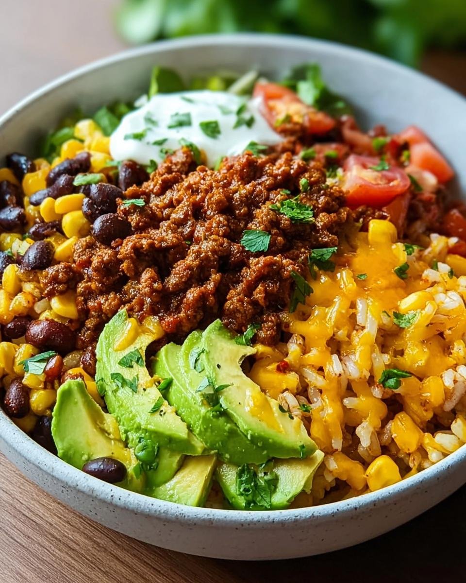 Nahaufnahme einer Burrito-Bowl mit Reis, Avocado, Hackfleisch, Mais, schwarzen Bohnen und Käse.