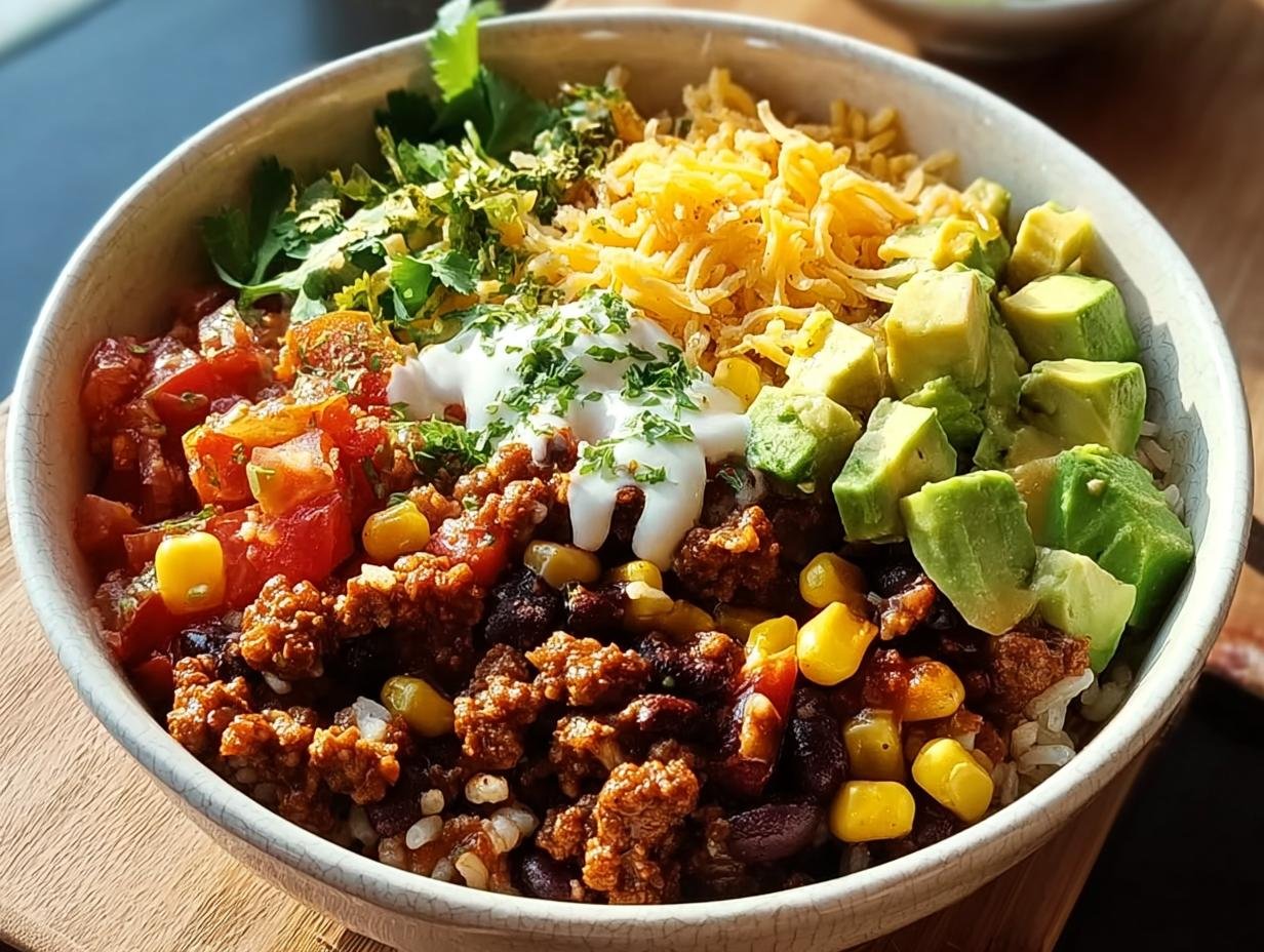 Nahaufnahme einer Schüssel mit Burrito-Bowl schnell mit Reis & Avocado, Hackfleisch, Bohnen, Mais und Tomaten.
