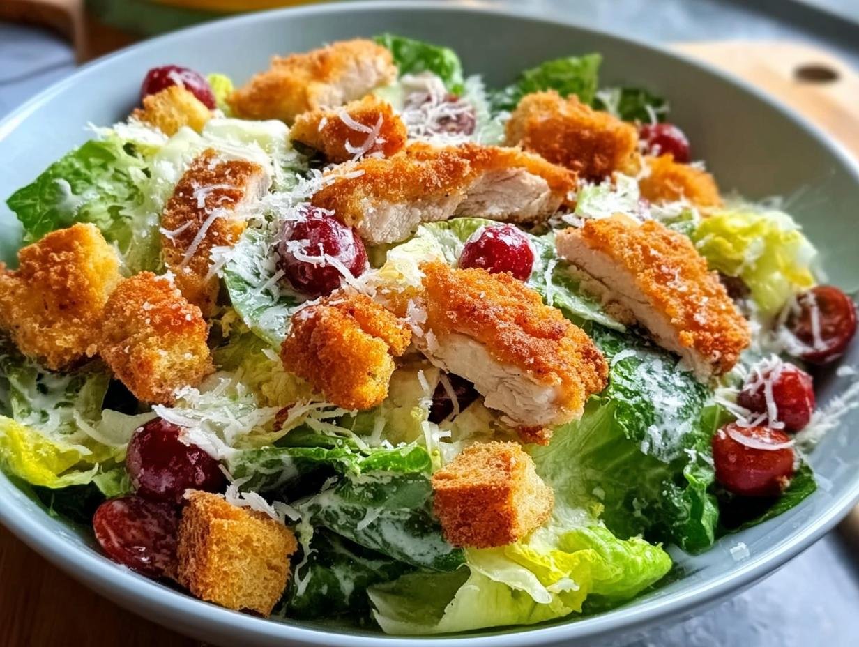 A close-up of a fresh Caesar Salad fix mit Hähnchen, featuring crispy chicken, croutons, and cherry tomatoes.
