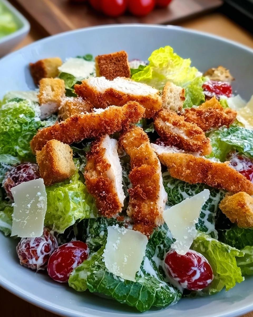 A close-up of a fresh Caesar Salad fix mit Hähnchen, featuring crispy chicken strips, croutons, cherry tomatoes, and shaved Parmesan.