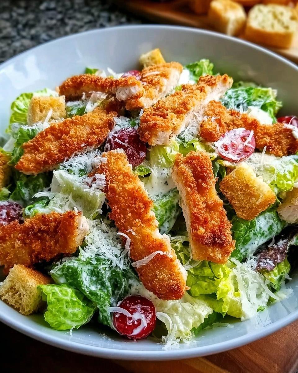 A close-up of a fresh Caesar Salad fix mit Hähnchen, featuring crispy chicken strips, croutons, and shaved Parmesan.